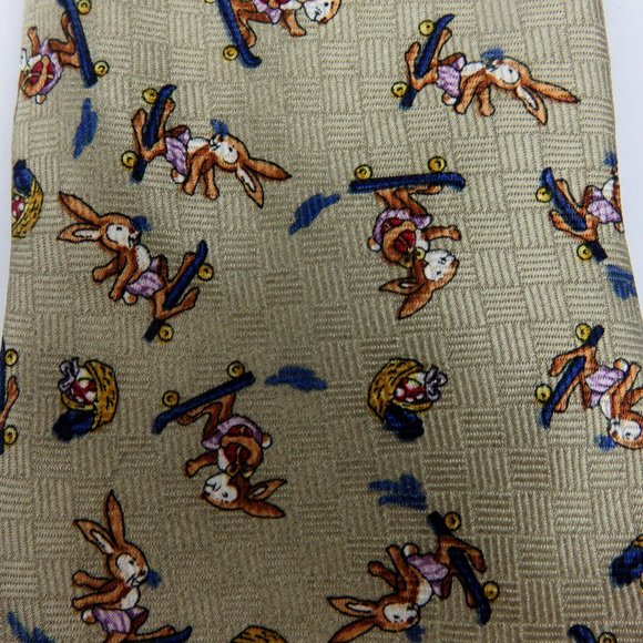 Class Club Tan Silk Necktie Rabbits on Skateboards - Picture 2 of 4